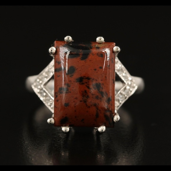 Vintage Sterling Mahogany Obsidian White Topaz Teardrop Pendant and Square Ring - Picture 6 of 9